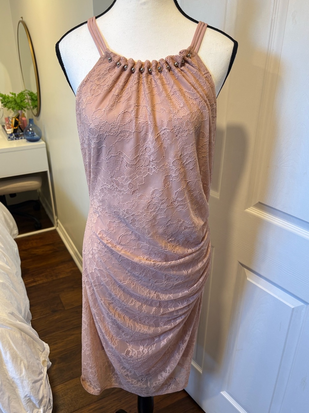 Le Château Blush Pink Lace Ruched Midi Cocktail Dress XL